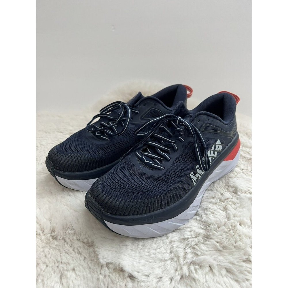 Hoka Bondi 7 Navy and Red Athletic Shoes